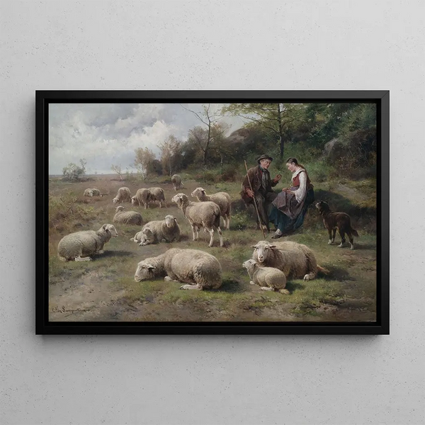 Cornelius van Leemputten - Schferpaar mit Herde in Weidelandschaft.webp