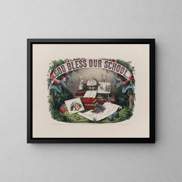 God Bless Our School - Currier & Ives — framed artwork on a wall