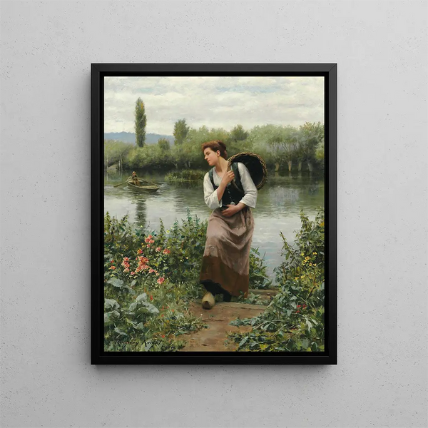 A woman with a basket - Daniel Ridgway Knight — framed artwork on a wall