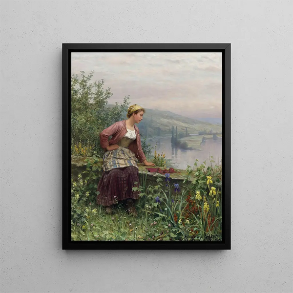 Breton girl overlooking a stream - Daniel Ridgway Knight — framed artwork on a wall