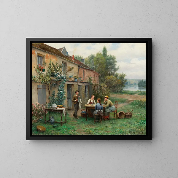 Café dans le jardin - Daniel Ridgway Knight — framed artwork on a wall