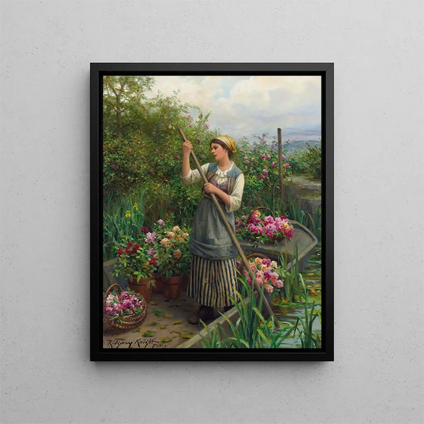 Flower Picking Along the River - Daniel Ridgway Knight — framed artwork on a wall