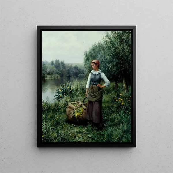 Girl by a Stream Flanders - Daniel Ridgway Knight — framed artwork on a wall