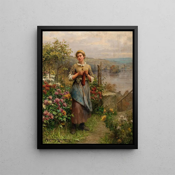 Young woman knitting - Daniel Ridgway Knight — framed artwork on a wall
