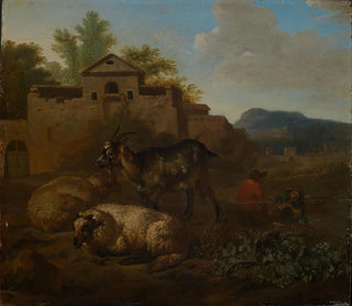 Daniel de Bondt - Ziege und Schafe mit musizierenden Hirten in Landschaft.webp