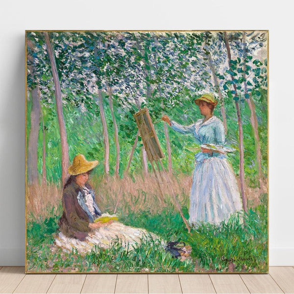 In the Giverny Woods: Blanche Hoschede at her easel with Suzanne Hoschede reading - Claude Monet