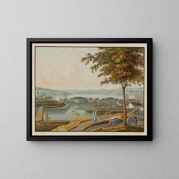 Vista del lago y de los alrededores de Zúrich desde el muro del Chat - David Alois Schmid — cuadro enmarcado en la pared