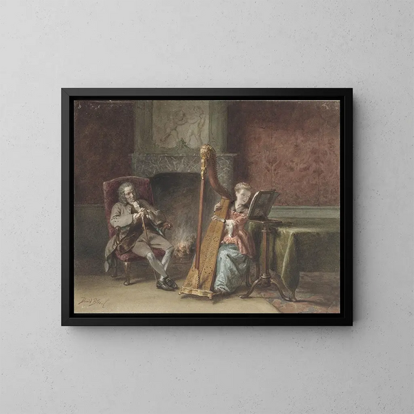 Interior painting with a young girl playing the harp and a seated man watching - David Bles — framed artwork on a wall