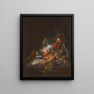 David Cornelisz de Heem - A Still Life Of Oysters Grapes Cherries Roses Corn Snails A Melon And A Silver Sugar Shaker On A Stone Plinth.webp