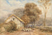 a traveler on horseback with a shepherd and his sheep near a barn on a country road - David Cox — artwork view