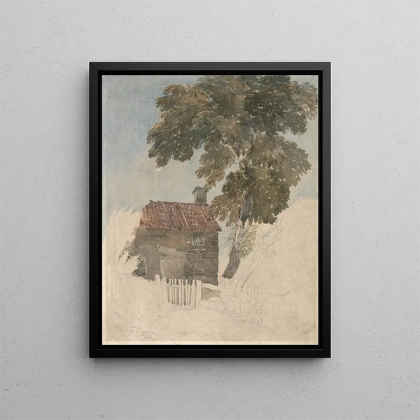 Chalet and trees painting - David Cox — framed artwork on a wall