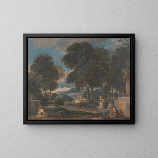 Paisaje con un hombre lavándose los pies en una fuente según Poussin - David Cox — cuadro enmarcado en la pared