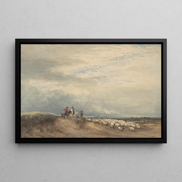 Cavaliers avec moutons près d'un estuaire - David Cox — framed artwork on a wall