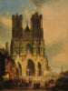La fachada de la catedral de Reims con un cortejo medieval y una procesión en primer plano - David Roberts — vista de la obra