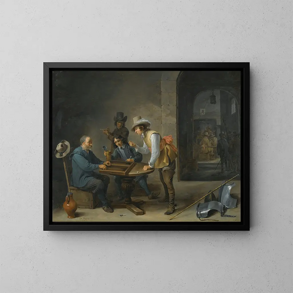 A guard scene with backgammon players in the foreground - David Teniers the Younger — framed artwork on a wall