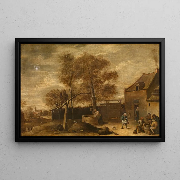 In the farmyard - David Teniers the Younger — framed artwork on a wall