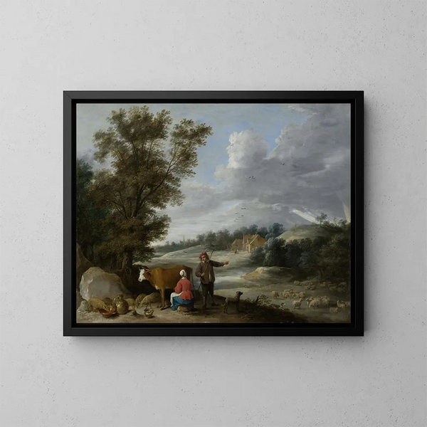 Landscape Painting with the Milkmaid and the Shepherd - David Teniers the Younger — framed artwork on a wall