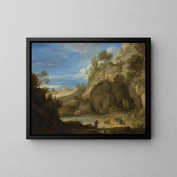 Landscape with a Gypsy Camp - David Teniers the Younger — framed artwork on a wall