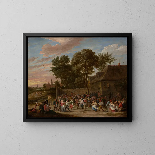 Peasants dancing and feasting - David Teniers the Younger — framed artwork on a wall
