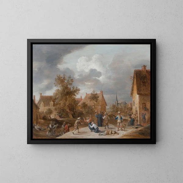 soldiers pillaging a village - David Teniers the Younger — framed artwork on a wall