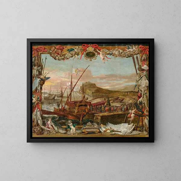 L'Embarquement de Don Juan d'Autriche - David Teniers el Joven — cuadro enmarcado en la pared