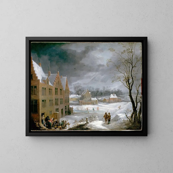 Escena de invierno con un hombre matando un cerdo - David Teniers el Joven — cuadro enmarcado en la pared