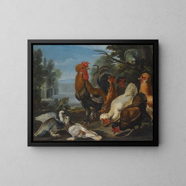 Patos, cobayas y un conejo en un paisaje boscoso junto a un lago - David de Coninck — cuadro enmarcado en la pared