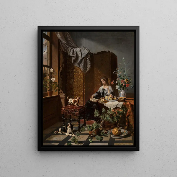 David mile Joseph de Noter - A woman with lapdogs in a lavish interior.webp