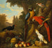 Dos aras, un cacatúa, un cuervo con pico rojo y otros pájaros en un paisaje con frutas - Jakob Bogdny — vista de la obra