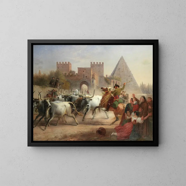 Conduite de ganado frente a la Porta San Paolo y la pirámide de Cestius en Roma - Dietrich Wilhelm Lindau — cuadro enmarcado en la pared