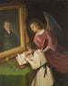 Niña con un ángel guardián escribiendo frente a un retrato pintado del fundador Ph. Merian - Dionys Ganter — vista de la obra