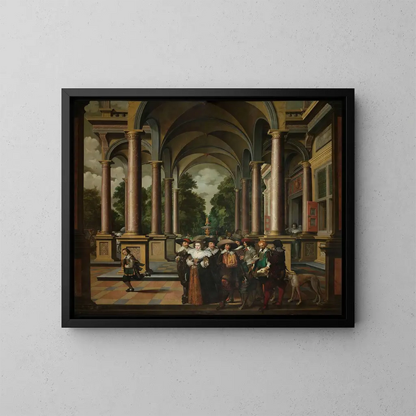Galería de un palacio con arquitectura ornamental y columnas - Dirck van Delen — cuadro enmarcado en la pared
