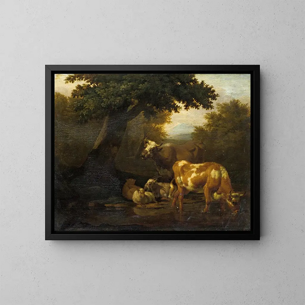 de ganado en el abrevadero - Dirck van Bergen — cuadro enmarcado en la pared