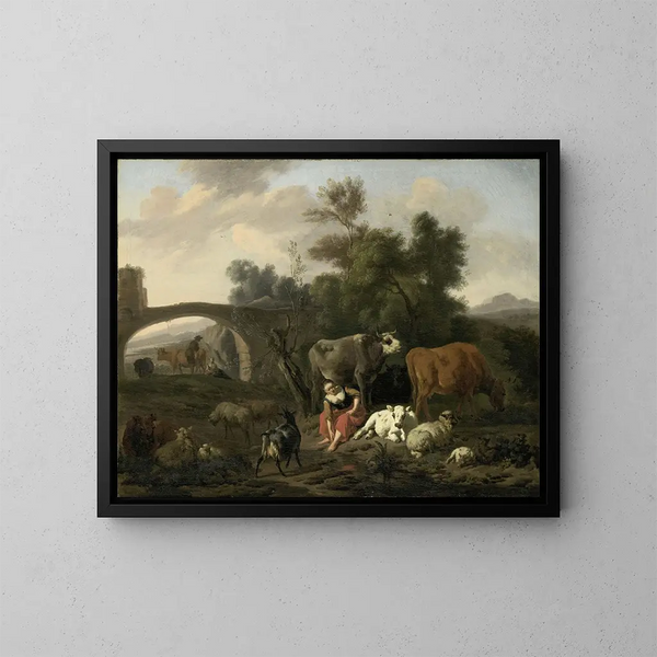 Paisaje con pastores y ganado - Dirck van Bergen — cuadro enmarcado en la pared