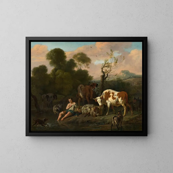 Paisaje con un pastor - Dirck van Bergen — cuadro enmarcado en la pared