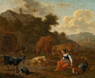 Dirck van Bergen - Landscape with a Spinner and Cattle.webp