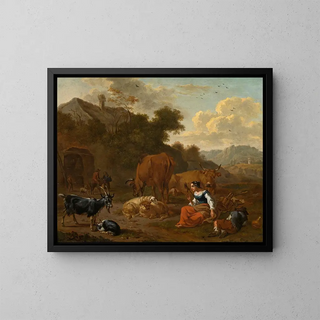Dirck van Bergen - Landscape with a Spinner and Cattle.webp