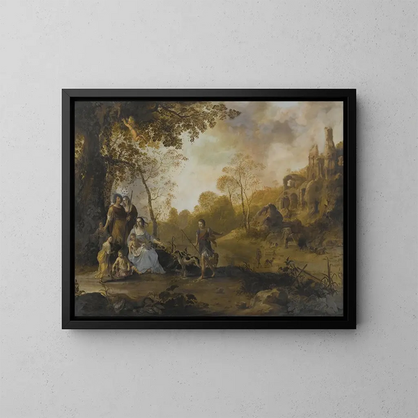 Un retrato de familia alegórico en un paisaje - Dirck van der Lisse — cuadro enmarcado en la pared