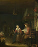 Interior painting with a man reading and a woman spinning wool - Domenicus van Tol — artwork view
