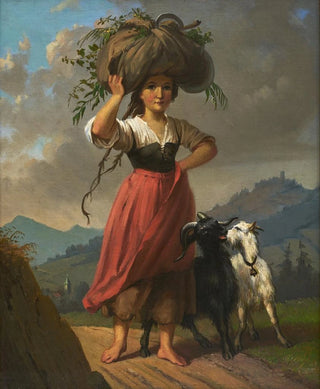 Dominik Weber - Peasant Girl with Two Goats Carrying a Bundle of Hay.webp