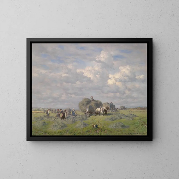 Harvesting hay on a summer day - Désiré Thomassin — framed artwork on a wall