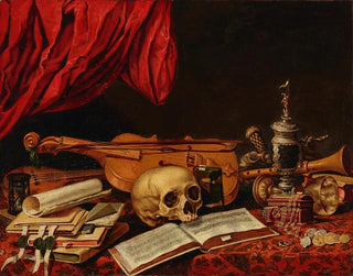 instrumentos musicales, libros, un reloj de arena, una jarra y un cráneo sobre una mesa, un tocador - Escuela Holandesa — vista de la obra
