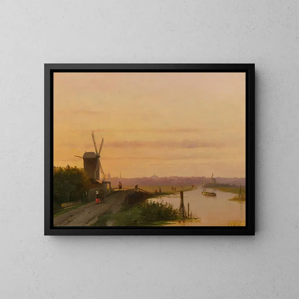 Sunset over a Dutch city - Dutch School — framed artwork on a wall