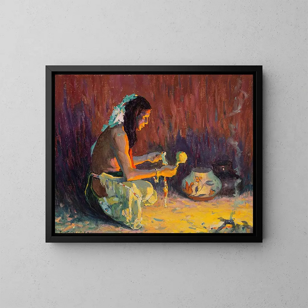 Indian warrior kneeling before the fire - Eanger Irving Couse — framed artwork on a wall