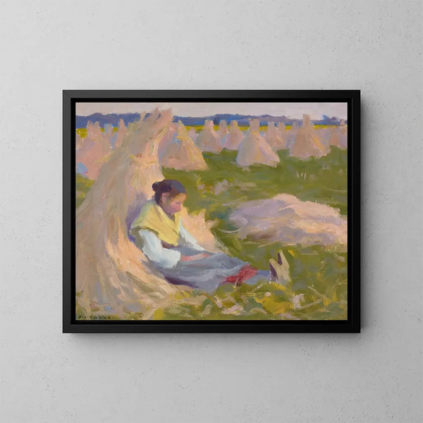 Girl of a peasant woman sitting on grain sheaves - Eanger Irving Couse — framed artwork on a wall