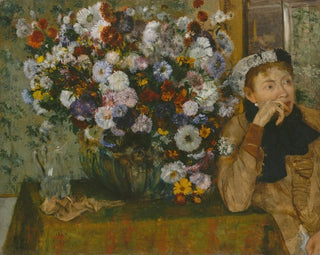 Una mujer sentada junto a un jarrón de flores - Edgar Degas — vista de la obra