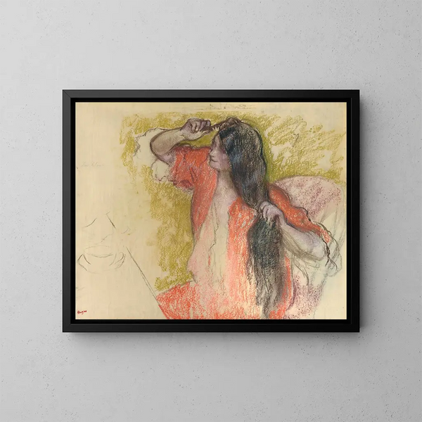 Mujer con bata roja peinándose - Edgar Degas — cuadro enmarcado en la pared
