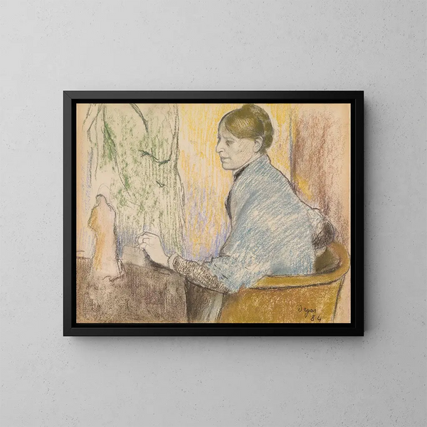 Madame Henri Rouart en un sillón frente a una pequeña mesa con una estatuilla de Tanagra - Edgar Degas — cuadro enmarcado en la pared