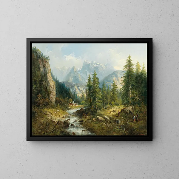 Paisaje de montaña con figuras decorativas - Eduard Böhm — cuadro enmarcado en la pared