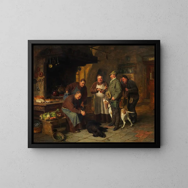 Un buen asado - Eduard von Grützner — cuadro enmarcado en la pared